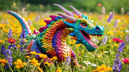 Fototapeta premium A playful dragon frolicking in a field of wildflowers, its colorful scales blending in with the vibrant blooms