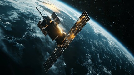 A satellite in orbit above the Earth, with lights shining on it and light beams extending to the continents below.