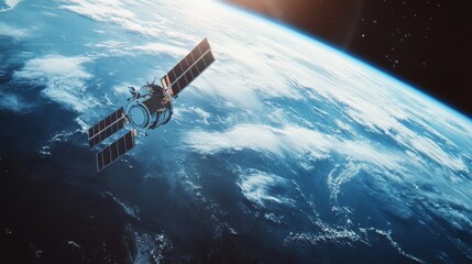 A satellite in orbit above the Earth, with lights shining on it and light beams extending to the continents below.