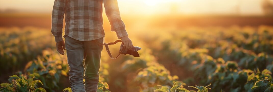 A farmer, walking through a lush green crop field carrying a camera, captures a scenic sunset in the background.