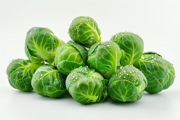 Fototapeta premium A cluster of fresh Brussels sprouts with water droplets on a white background.
