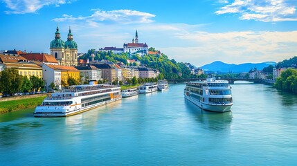 Cruise ships docked on the Danube River in the city of Linz, Austria.