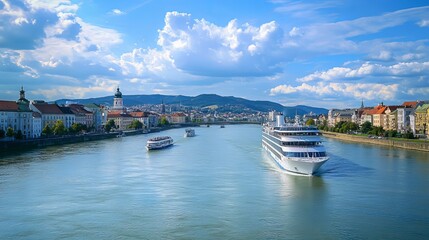Naklejka premium Cruise ships docked on the Danube River in the city of Linz, Austria.