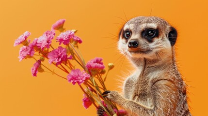 A meerkat holds a bouquet of pink flowers, a sweet and playful scene