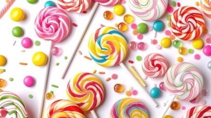 A collection of vibrant lollipops arranged on a clean white surface