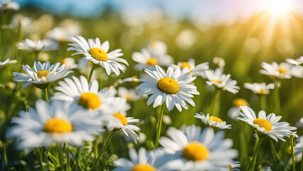 Obraz premium Close-up of white daisies with yellow centers in a green field with sun shining through.