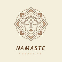 Female face logo in elegant sacred geometry in vector art. Decorative mandalas, lotus flower, geometric patterns for tribal, spiritual and meditative designs in minimalistic line art style