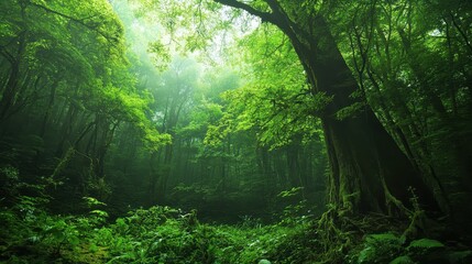 Fototapeta premium Sunlight filters through the dense canopy, illuminating vibrant greenery and creating a serene atmosphere