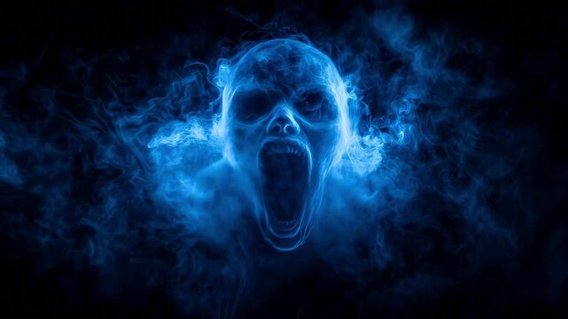 A mysterious smoky figure emerges from a swirl of blue haze, emanating an eerie and supernatural quality with their face obscured, enhancing the sense of the unknown.