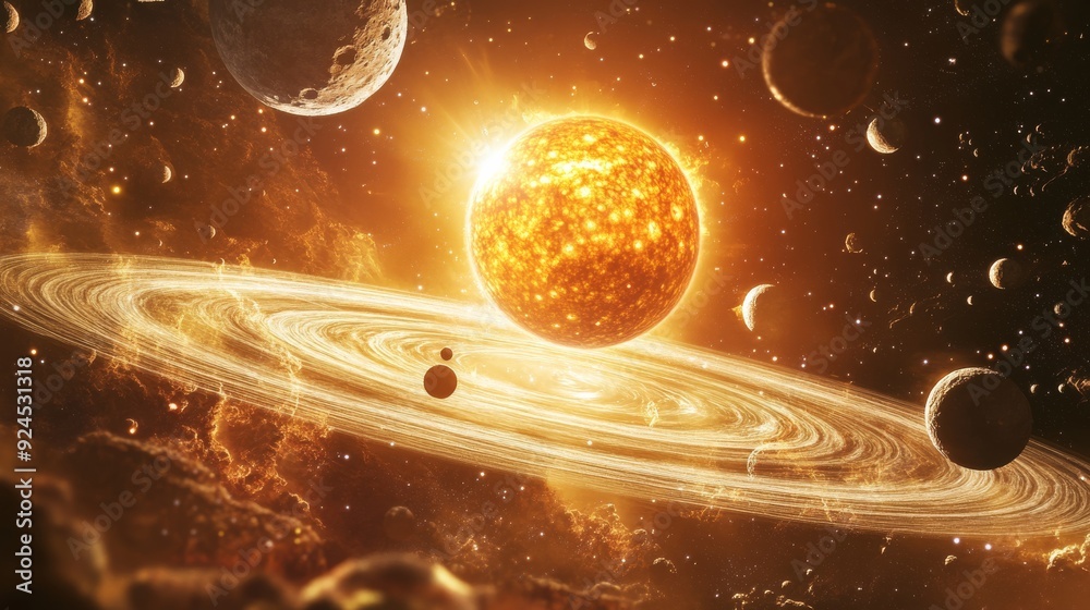 Canvas Prints solar system with planets and moons orbiting the sun, fantasy space background with swirling cosmic 