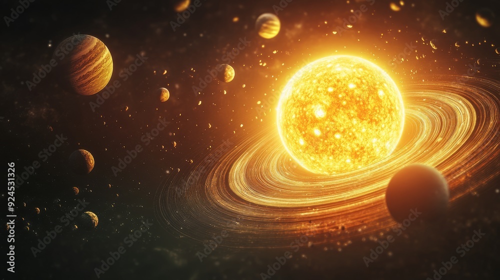 Canvas Prints solar system with planets and moons orbiting the sun, fantasy space background with swirling cosmic 