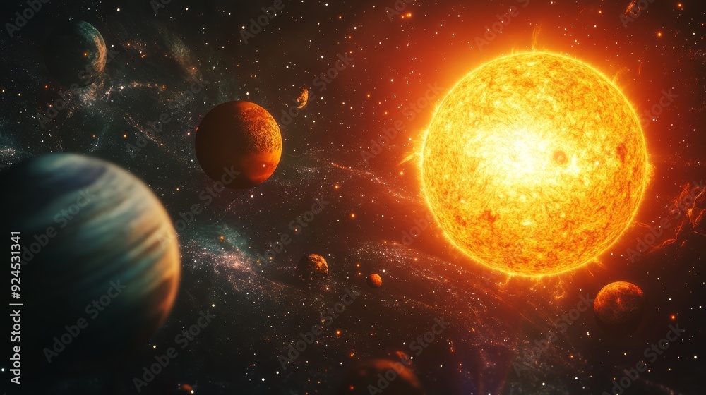 Canvas Prints solar system with planets and moons orbiting the sun, fantasy space background with swirling cosmic 