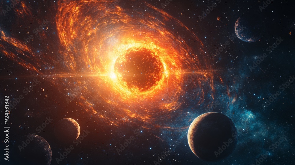 Wall mural solar system with planets and moons orbiting the sun, fantasy space background with swirling cosmic 
