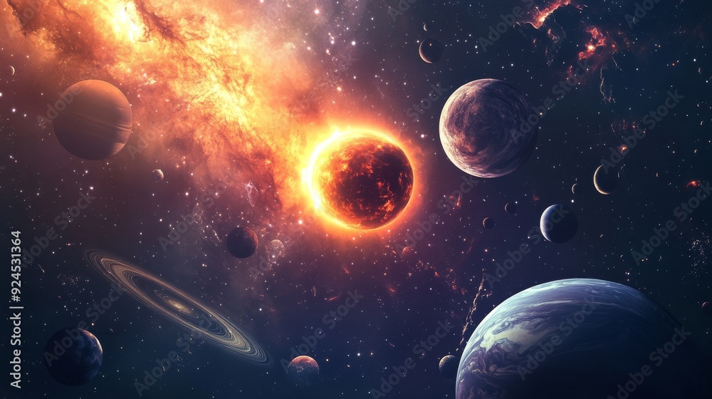 Canvas Prints solar system with planets and moons orbiting the sun, fantasy space background with swirling cosmic 