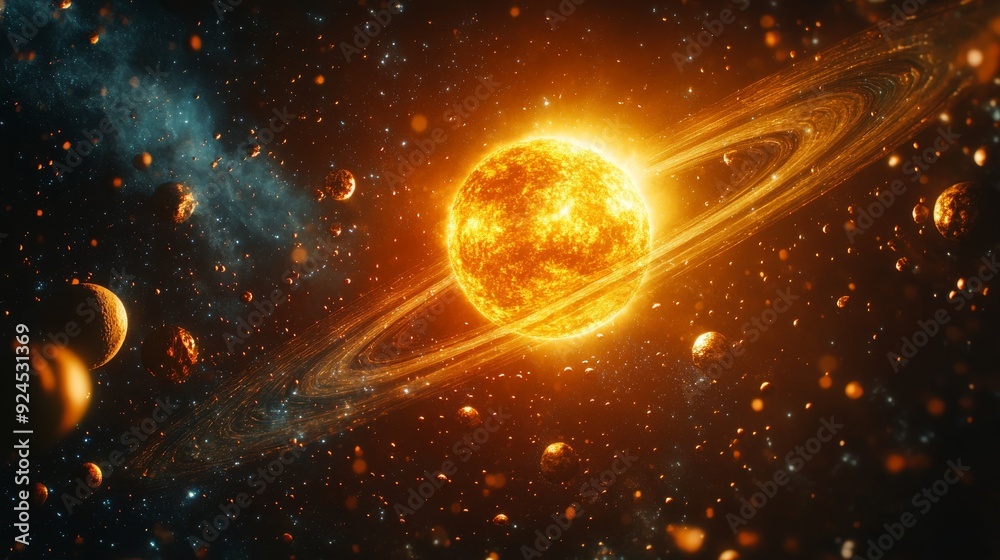 Wall mural solar system with planets and moons orbiting the sun, fantasy space background with swirling cosmic 