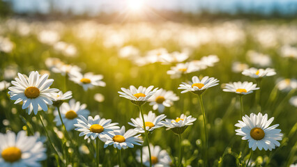Close-up of delicate white daisies blooming in a field with a soft, sun-drenched background.