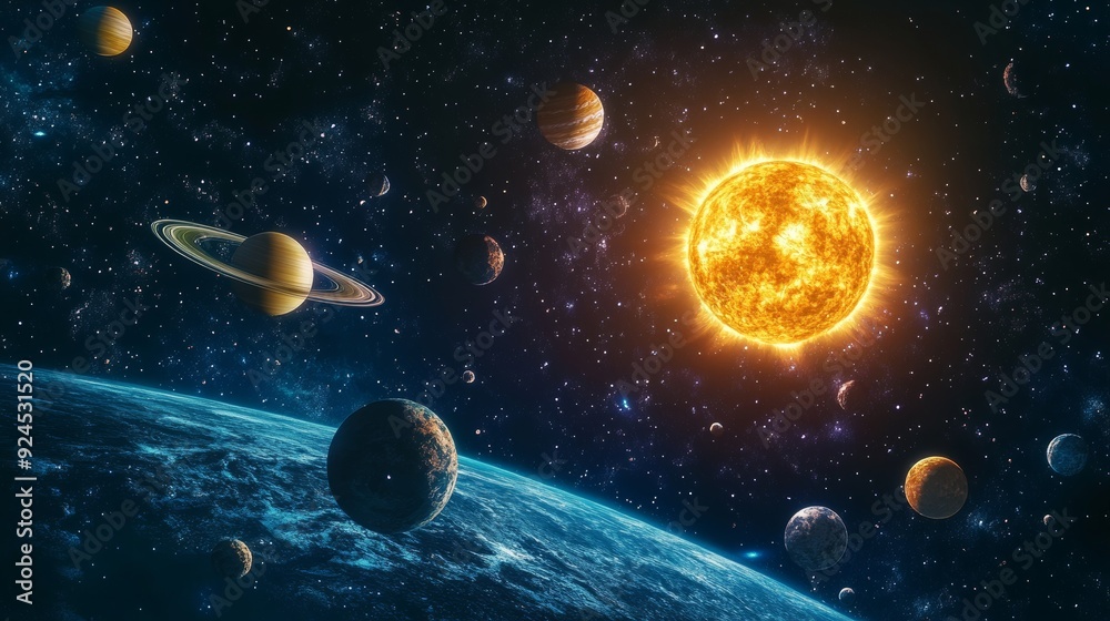 Canvas Prints solar system with planets and moons orbiting the sun, fantasy space background with swirling cosmic 
