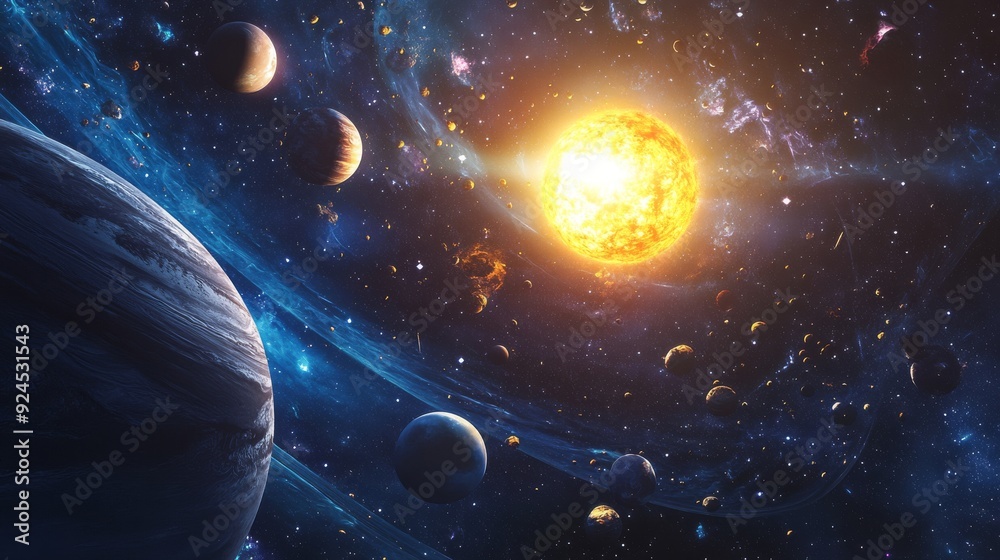 Wall mural solar system with planets and moons orbiting the sun, fantasy space background with swirling cosmic 