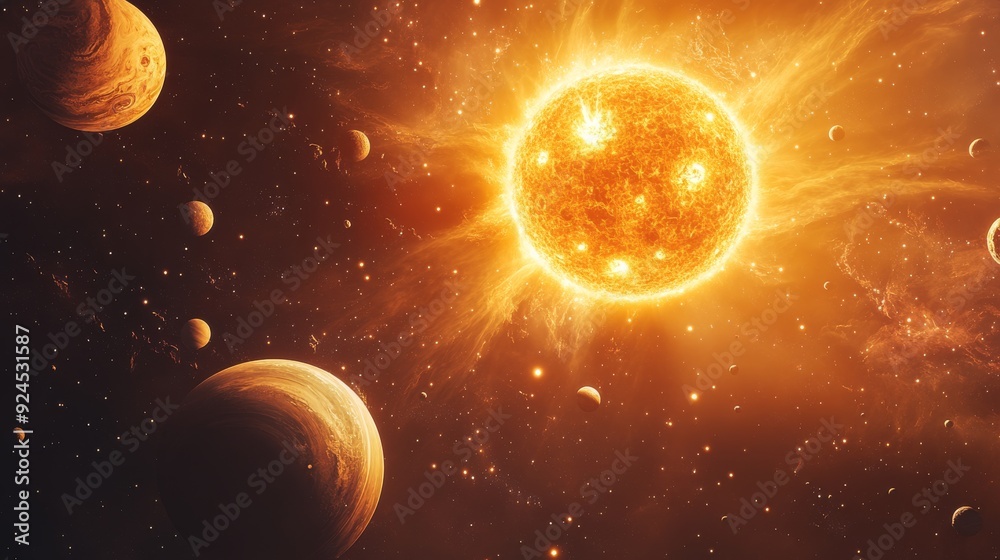 Canvas Prints solar system with planets and moons orbiting the sun, fantasy space background with swirling cosmic 