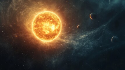 Solar system with planets and moons orbiting the sun, fantasy space background with swirling cosmic patterns.