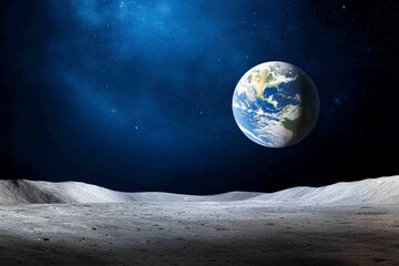 Earth seen from the moon's surface, centered on top of the lunar horizon