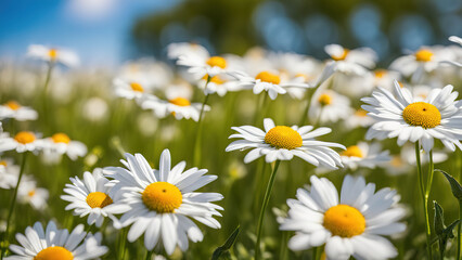 Fototapeta premium Close-up of delicate white daisies with yellow centers in a field, bathed in sunlight.