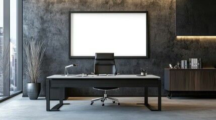 Modern Office Interior with Empty Frame and Desk