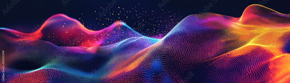 Poster abstract wavy landscape with colorful dots and glowing particles