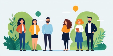 A diverse group of professionals engaging in a discussion outdoors, surrounded by greenery and colorful speech bubbles.