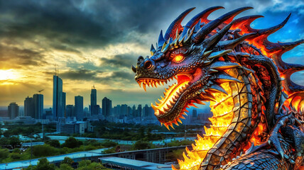 Fototapeta premium Enter a world where fire-breathing dragons and AI collide, merging metal and magic in epic fantasy