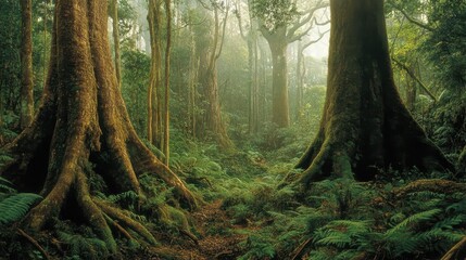 Obraz premium Sunlight filters through the dense canopy, illuminating a tranquil forest path surrounded by majestic trees