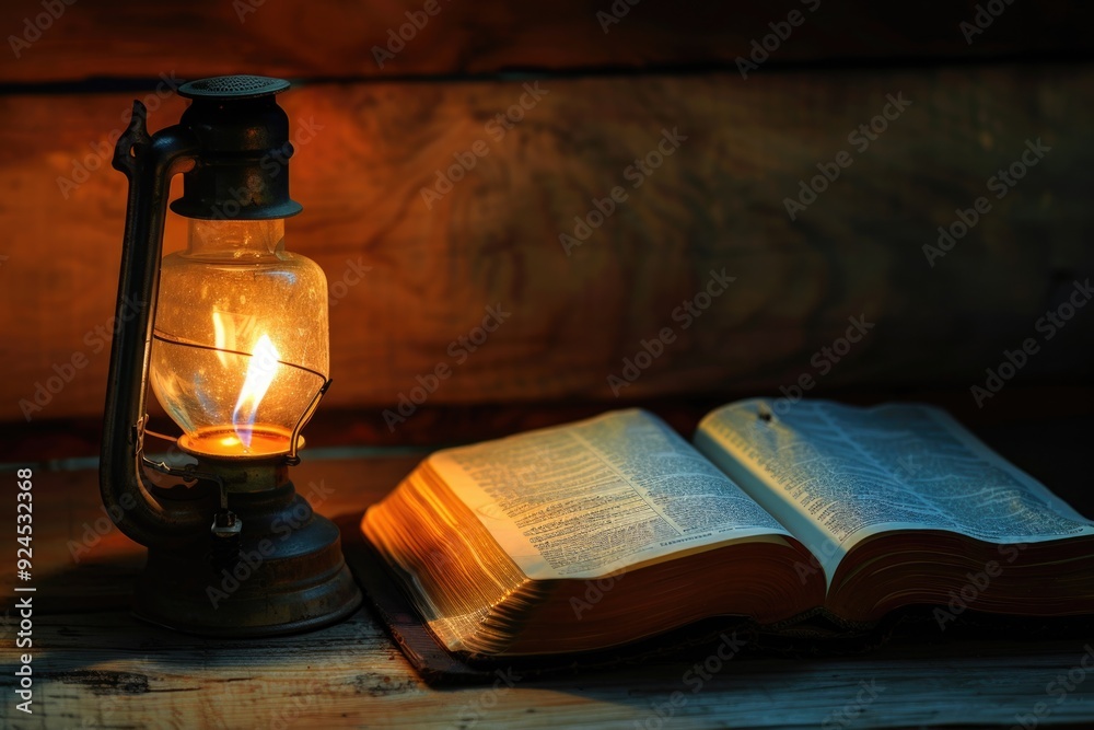 Aufkleber a lantern and an open book sit on a table, providing a warm and inviting atmosphere