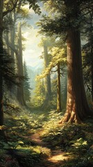 Obraz premium A serene forest pathway illuminated by soft sunlight, surrounded by towering trees and lush greenery