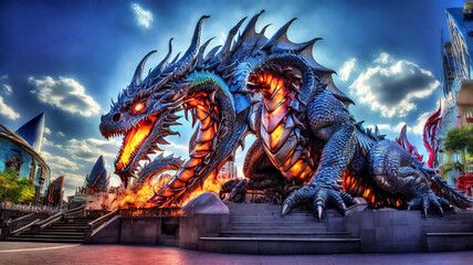 Fototapeta premium Enter a world where fire-breathing dragons and AI collide, merging metal and magic in epic fantasy