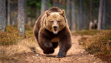 Obraz premium angry brown bear in the forest running toward the camera,generative ai.