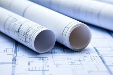 Architectural blueprint with detailed drawing and text, close-up of white paper rolls