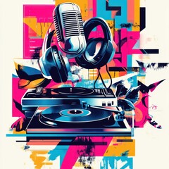 Colorful abstract art microphone and headphones visuals