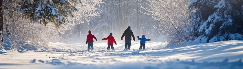 Family Silhouettes Walking Through Snowy Forest Path