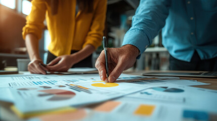Fototapeta premium Teamwork in action: two diverse professionals brainstorming on a corporate project
