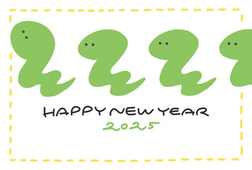 手描きの一列に並ぶ蛇の年賀状　2025