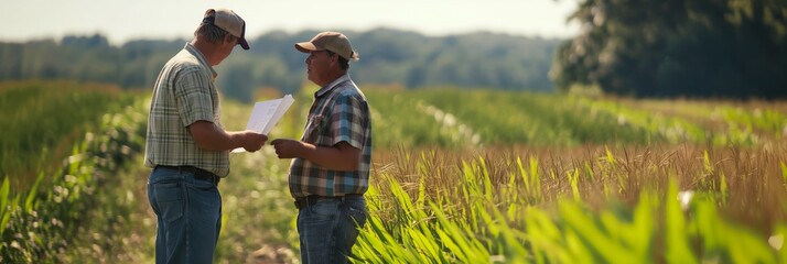 Two farmers in hats and plaid shirts holding papers, standing and discussing plans in a lush green field on a clear day with good weather.