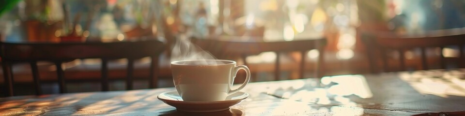 Fototapeta premium Serene Morning Coffee by Sunny Window in Cozy Setting