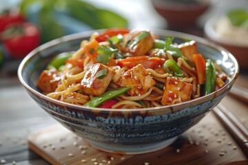 A colorful bowl of stir-fried noodles with tofu and vegetables, garnished with herbs.
