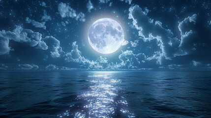 Fototapeta premium Serene midnight seascape with full moon casting ethereal glow on dark water, reflecting celestial lights in endless horizon