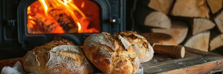 Freshly baked crispy homemade bread beside a wood burning stove aflame