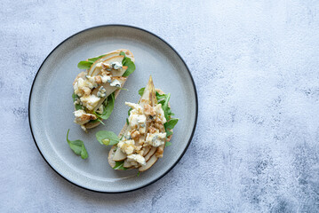 Bruschetta set on plate on grey background. Close up. Place for text-