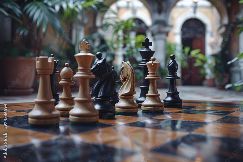 Poster Group of chess pieces arranged on a checkered floor, ideal for use in game-related illustrations or decorative designs