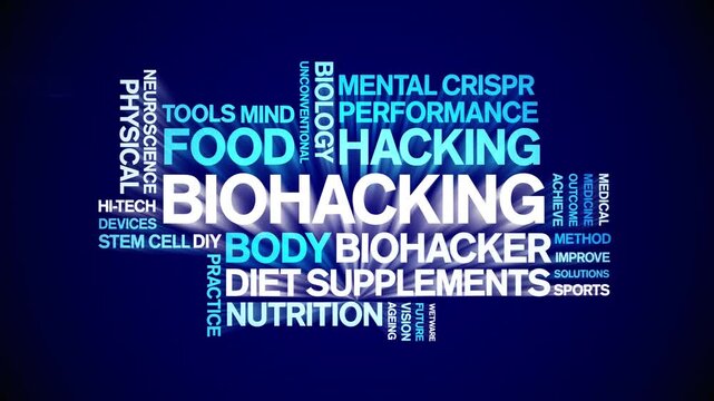 Biohacking animated word cloud;text design animation tag kinetic typography seamless loop.