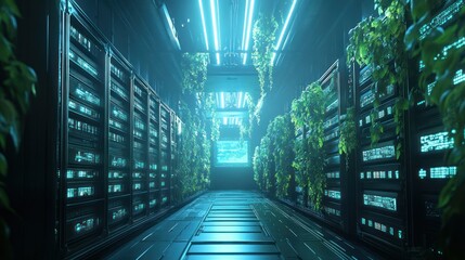 Obraz premium Futuristic Server Room with Glowing Blue Lights and Greenery