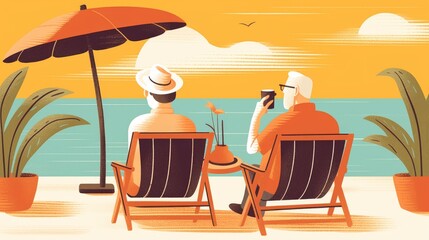 Obraz premium A couple is sitting on beach chairs and enjoying a drink